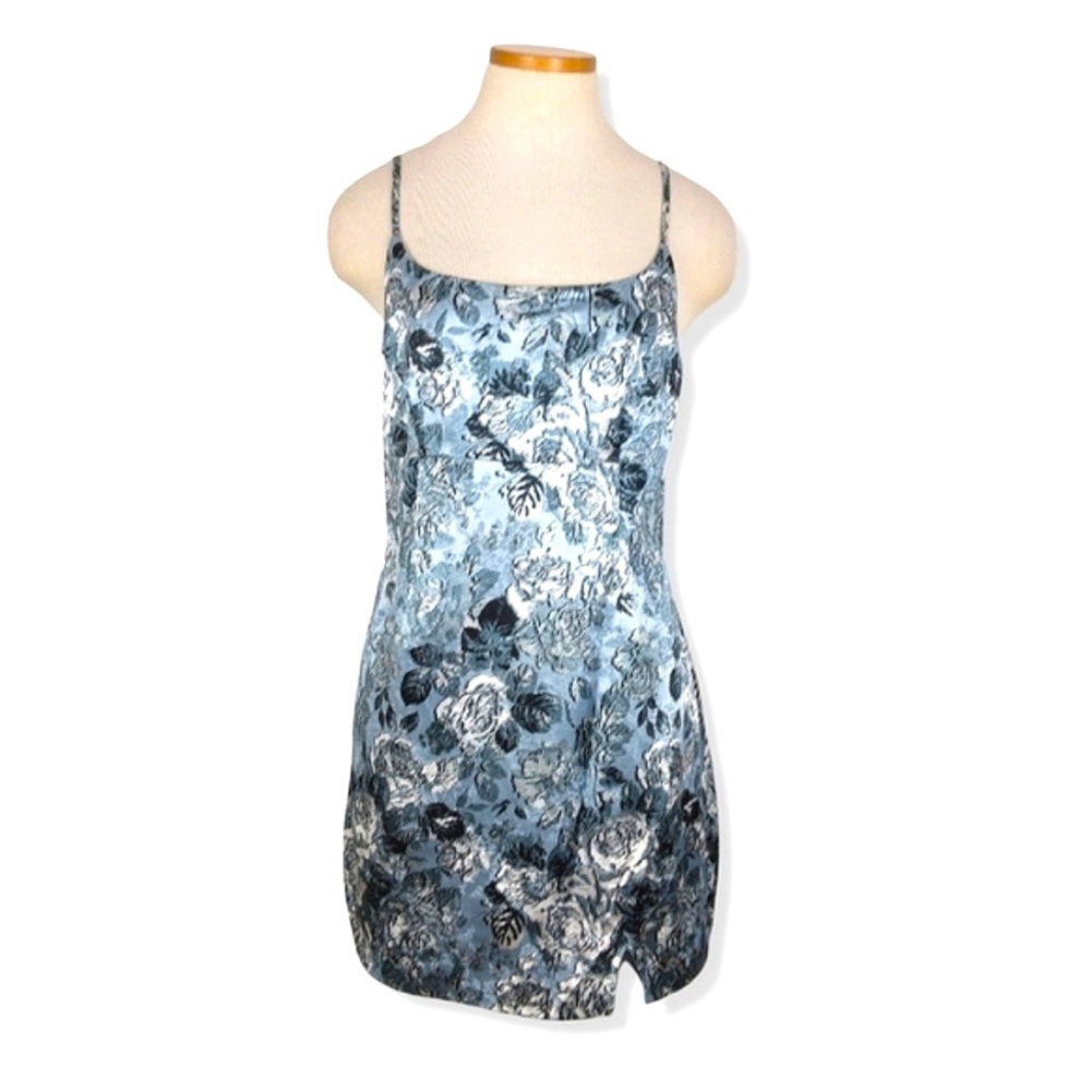 Wild Fable Silky Metallic Blue Floral Rose Y2K Mini Slit Bodycon Slip Dress